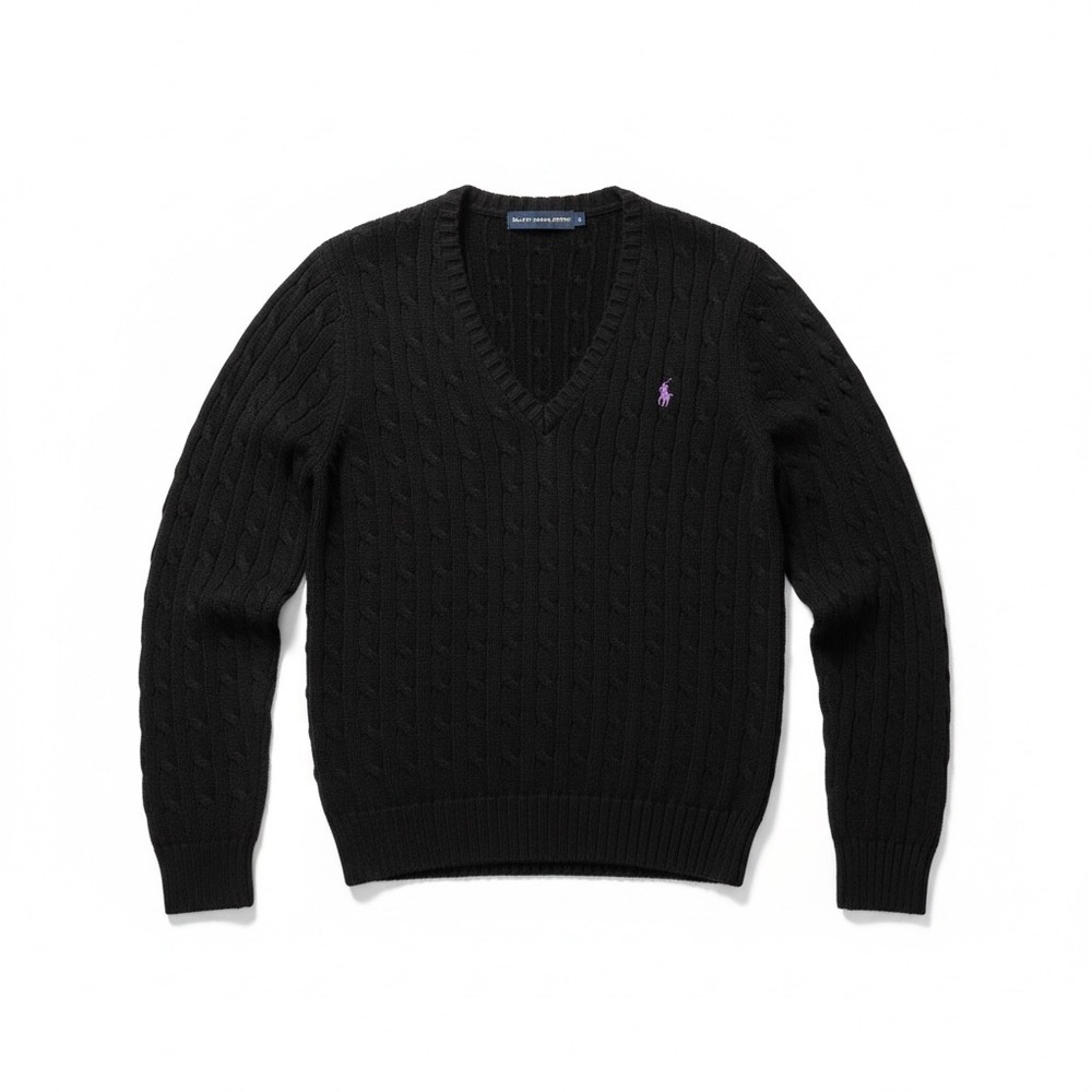 Ralph‎ Lauren | Cable Knit Sweater XL Black V-Neck Purple Embroidered Polo Pony
